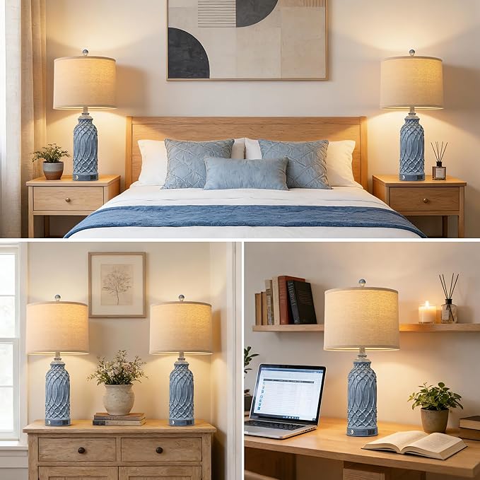 Woven Resin Table Lamps Set of 2, Farmhouse Table Lamps with USB Ports, Touch Button Switch Beside Lamps, Resin Desk Lamp, Linen Shade, Nightstand Lamp for Living Room Bedroom Decor (2 Bulbs Included)