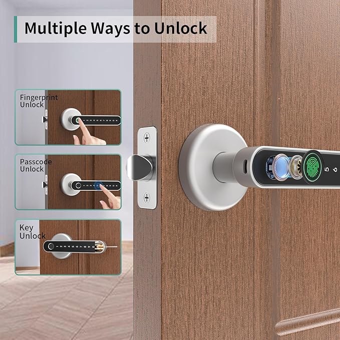 IRONZON Fingerprint Door Handle for Bedrooms - 190F 3-in-1 Fingerprint Door Lock with Keypad, Fingerprint Door Knob for Bedroom with Key, Keyless Entry Door Handle - Silver