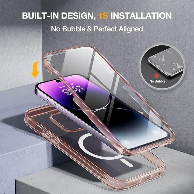 Miracase Magnetic Designed for iPhone 14 Pro Max Case 6.7 inch (Compatible with MagSafe) Upgrade Full-Body Clear Phone Bumper Case with Built-in 9H Tempered Glass Screen Protector, Magnetic Clear Pink