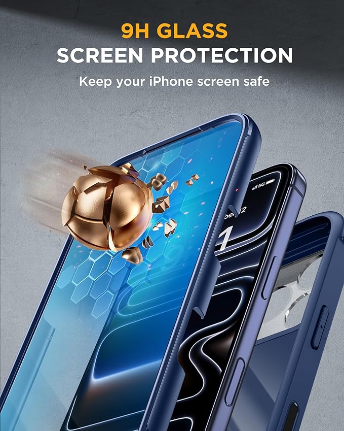 Miracase for iPhone 17 Pro Case with 360 Spin Magnetic Stand, Full-Body Phone Case with Built-in Glass Screen Protector & Camera Control, Drop Proof iPhone 17 Pro Cover, Dark Blue