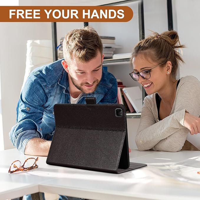 Genuine Leather Case for iPad Pro 12.9 inch 6th/5th/4th/3rd Generation 2022/2021/2020/2018 | with Pencil Holder and Adjustable Stand, Magnetic Closure, Auto Wake/Sleep Cover | Dark Brown