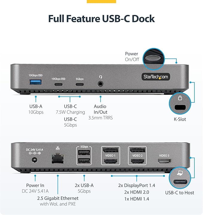 StarTech.com USB-C Triple Monitor Docking Station for MacBook Pro / Air M1 M2 M3 M4 & Windows, Universal 4K HDMI DP Dock, Thunderbolt Compatible, 100W Laptop Charging (116N-USBC-DOCK)