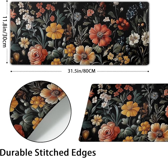 Large Floral Mouse Pad Extended Gaming Mousepad 31.5"x11.8" Vintage Aesthetic Black Desk Mat Flower Mouse Pad Plant Wildflower Mousepad XXL Laptop Computer Keyboard Mats for Desk Office
