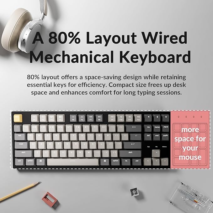 Keychron C1 Pro Wired Custom Mechanical Keyboard, TKL Layout QMK/VIA Programmable OEM Profile Double-Shot PBT Keycaps White LED Backlight with K Pro Red Switch for Mac Windows Linux