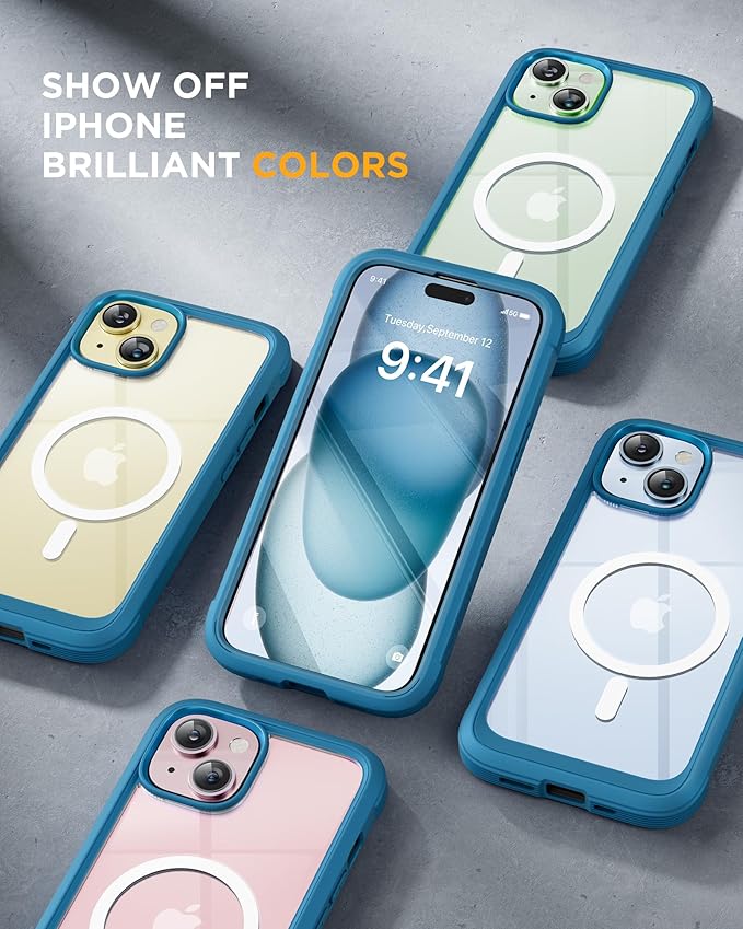 Miracase Glass Series for iPhone 15 Case [Compatible with MagSafe] Full-Body Magnetic Bumper Case with Built-in 9H Tempered Glass Anti-Fingerprint Screen Protector + Camera Lens Protector, Sea Blue