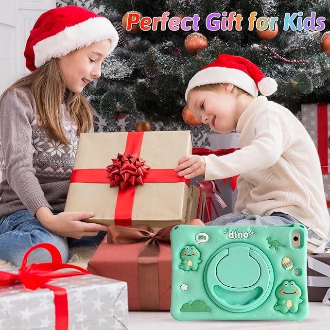 Dteck for iPad 9th/8th/7th Generation Case 10.2",Cute Cartoon Funda 3D Unique Design Light Rotating Handle Stand Shoulder Strap Soft Silicone Drop Rugged Shockproof Protective Kid-Proof Case,Dinosaur