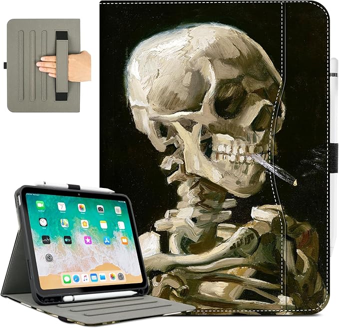 for iPad (A16) 11Th/10Th Generation Case 2025/2022, for iPad Case 11Th/10Th Generation, 10Th/11Th Gen iPadCase Cover Pencil Holder/Hand Strap/Pocket/Adjustable Stand, Halloween Skull