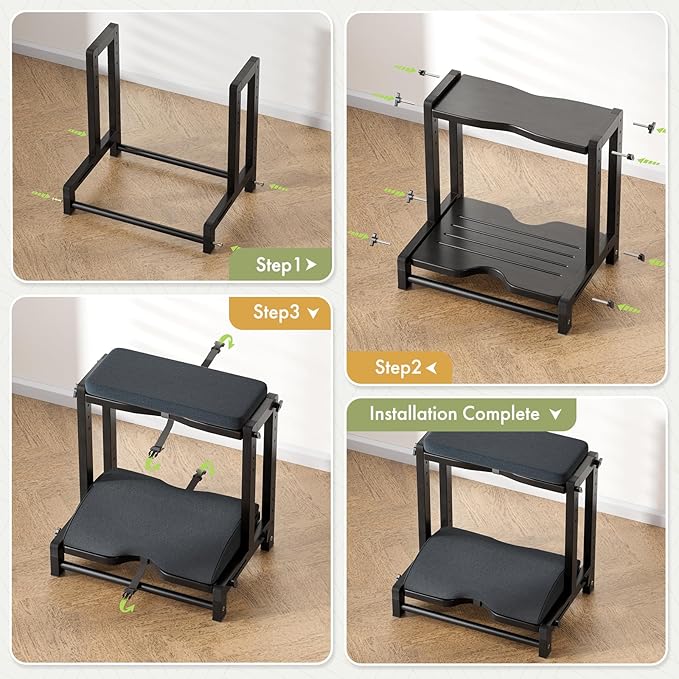 Double Step Foot Rest Under Desk, Adjustable Wooden Desk Foot Rest with 4 Heights, Ergonomic Foot Stool with Cushion for Office, Gaming & Study (Black)