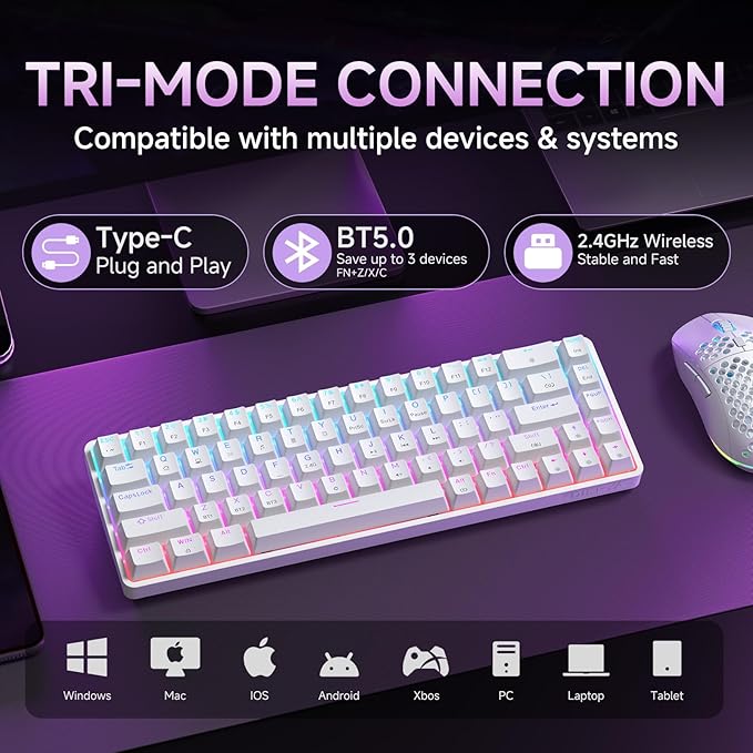 DIERYA DK68 Wireless Mechanical Keyboard, 60% Gaming Keyboard with Blue Switch, Triple Mode 2.4GHz/USB-C/BT5.0, RGB Backlit, Anti-Ghosting Keys, 68 Keys Portable Mini Wired Office Keyboard-White