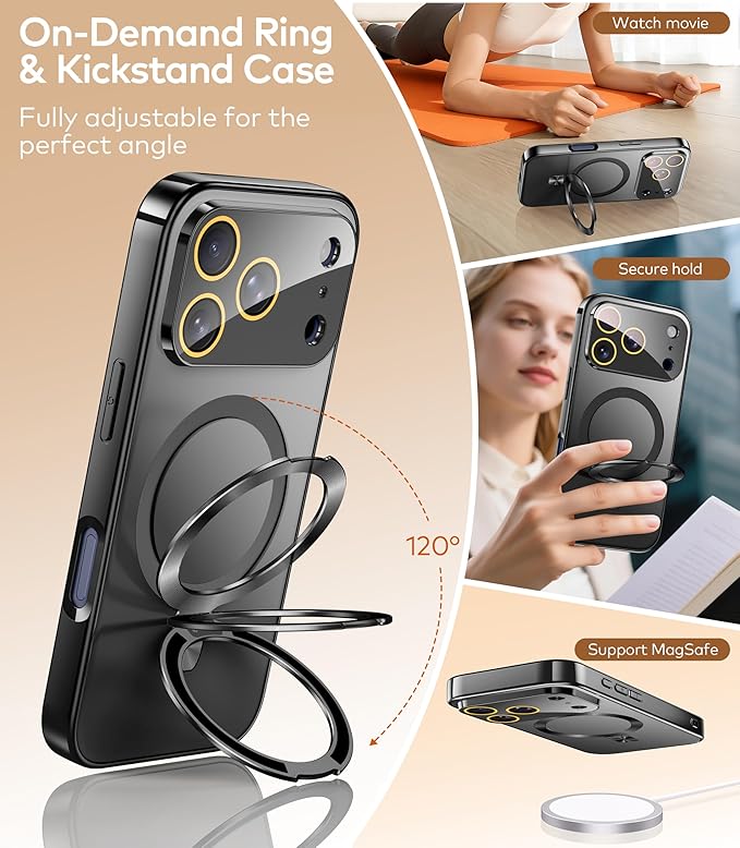 TOBOVON Magnetic for iPhone 17 Pro Max Case with Ring Stand, Fits MagSafe, with Built-in Camera Lens Protector, Slim Electroplated Shockproof Phone Cover, Black