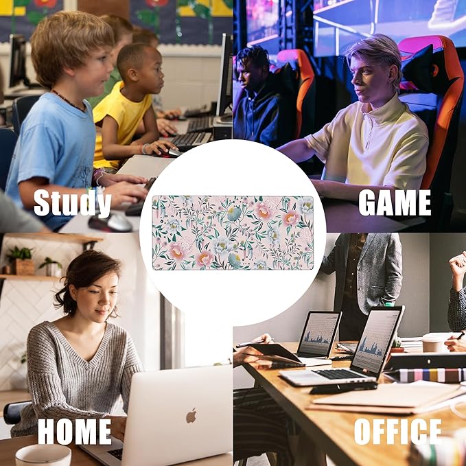 Floral Desk Mat,Large Gaming Mouse Pad,Non-Slip Rubber Base Desk Pad with Stitched Edges for Desk Office Home Decor 35.4X15.7 Inch