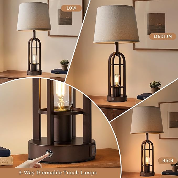 SRJJA 24" Table Lamps for Living Room Set of 2, Rustic Farmhouse 3-Way Dimmable Touch Industrial Bedside Lamps with USB A+C for Bedroom Nightstand，4 Bulbs Included