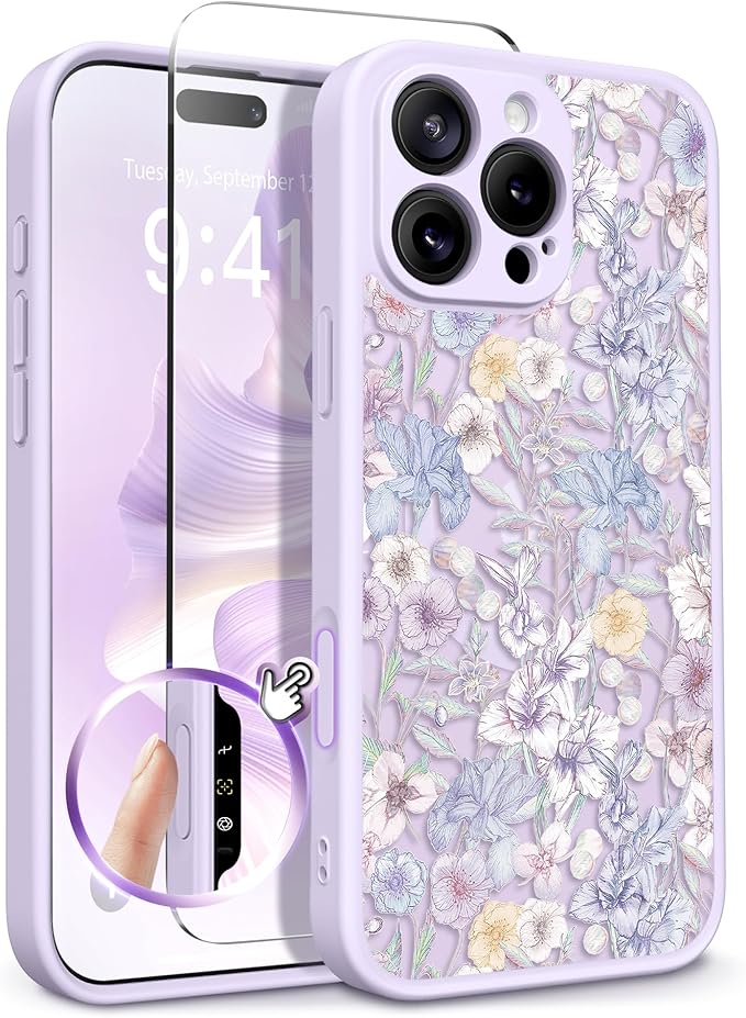 GVIEWIN for iPhone 16 Pro Max Case Compatible with MagSafe, [Military Grade Protection] [Screen Protector] Full Camera Protection Floral Translucent Women Magnetic Phone Case, Apricot Blossom/Purple
