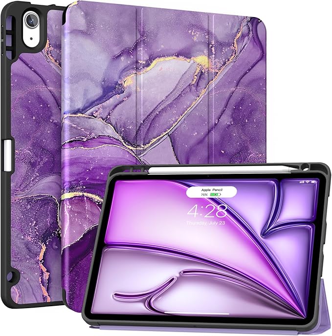 Soke Case for New iPad Air 11 Inch (M4/M3/M2, 2026-2024), iPad Air 5th/4th Generation 10.9 Inch (2020-2022) with Pencil Holder, Soft TPU Back Cover & Auto Sleep/Wake, Purple Marble
