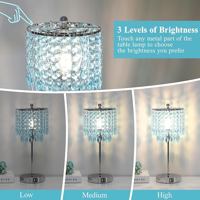 Crystal Table Lamp with Touch Control and Dual USB Ports - 3-Way Dimmable Bedside Light with Teal Lamps Shade for Living Room Bedroom, Elegant Home Decor - LED Bulb Included
