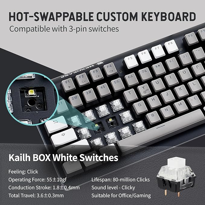Hexgears GK735 Wired Full Size Mechanical Keyboard, Aluminum Housing Built for Gamers w/Kailh Box White Switch, White Backlit + Surrounded by RGB Light Strip, 104 Keys Gaming Keyboard for PC/Mac