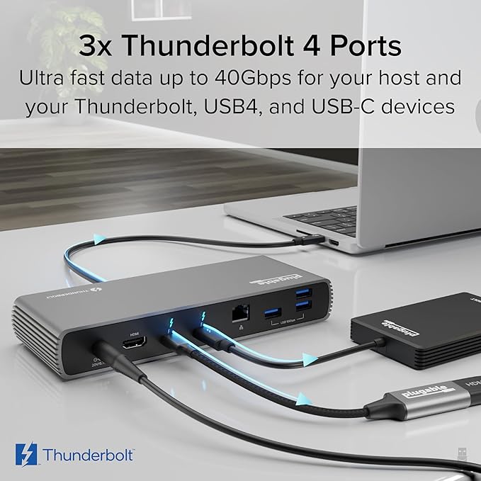 Plugable Thunderbolt 4 Docking Station | TAA-Compliant Dual Monitor Laptop Dock for Mac & Windows | 3X Thunderbolt Ports, USB-C to HDMI Adapter, 100W PD, 2.5Gb Ethernet, 4X USB-A 10Gbps (TBT4-UDX1)