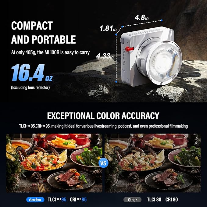 Godox ML100R RGB COB LED Video Light with Battery/Carry Case/Light Stand, Godox Mount 110W Full-Color 1800K-10000K CRI 97+/TLCI 98+ 14 FX Effects Support APP Control for Studio/Live Streaming/Outdoor