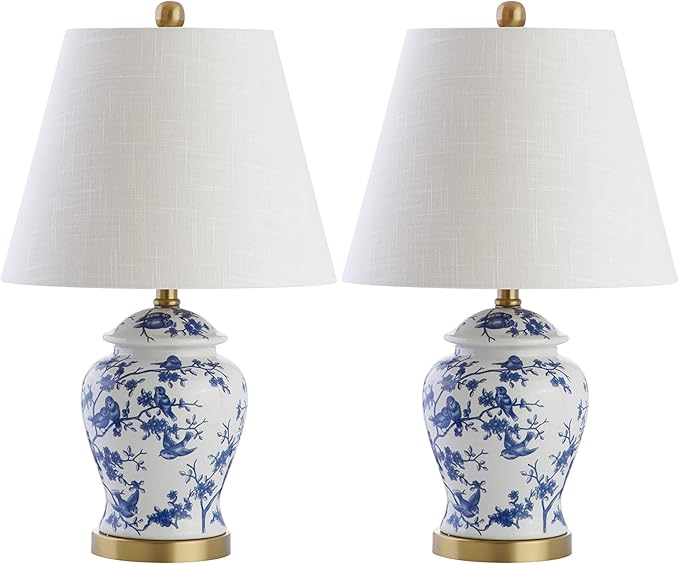 JONATHAN Y 22" Blue/White Ceramic Table Lamp, French Country Chinoiserie Ginger Jar LED Bedside Lamp for Living Room Bedroom, White Linen Shade (JYL3005A-SET2)