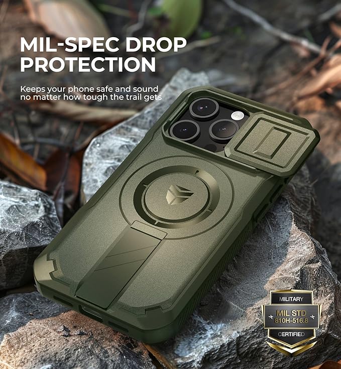 Dexnor for iPhone 15 Pro Case with Slide Camera Cover & Adjustable Kickstand & Built-in Screen Protector, Magnetic Rugged Shockproof Bumper Cases Heavy-Duty Magnetic Protective Cover,Army Green