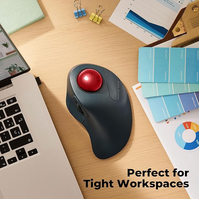 Wireless Trackball Mouse for Large Hands, Ergonomic Index Finger Control, Rechargeable Bluetooth/USB Mouse with Precise Smooth Tracking, Multi-Device Connection for Windows & Mac, Red