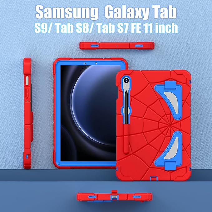 AKABEILA Compatible with Samsung Galaxy Tab S7/S8/S9/S9 FE 11 inch(2023) Tablet Case，Lightweight Shockproof Rugged Protective Cover with Kickstand for Kids Children Boys Babies Red Blue
