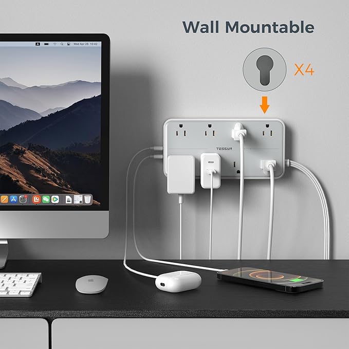 TESSAN Power Strip Surge Protector, 10FT Flat Plug Extension Cord with 8 Outlets 3 USB Charger(1 USB C), 1080 Joules Protection, Wall Mountable Charging Station for Home Office Dorm, Gray