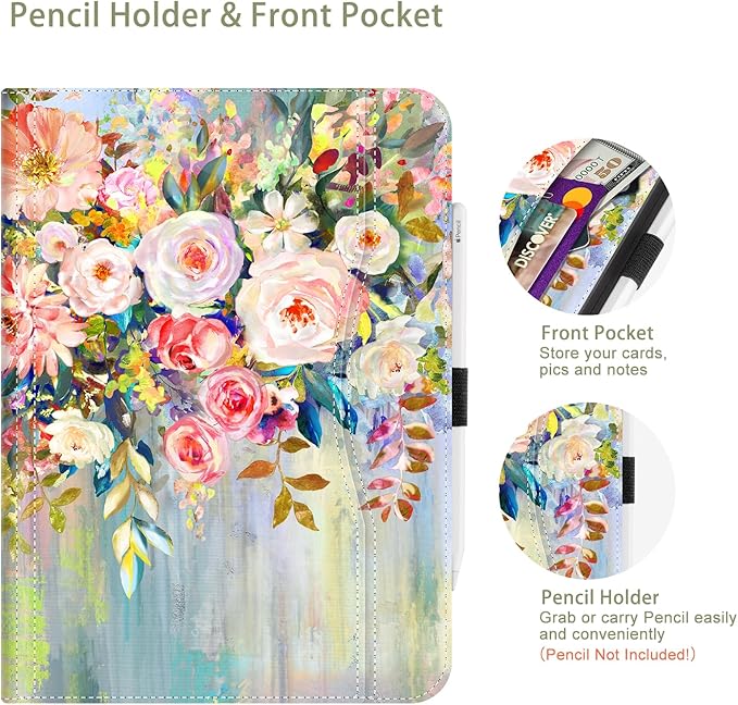 for iPad (A16) 11Th/10Th Generation Case 2025/2022,Flower for iPad Case 11Th/10Th Generation,10Th/11Th Gen iPadCase Cover Pencil Holder/Hand Strap/Pocket/Adjustable Stand, Oil Painting Floral