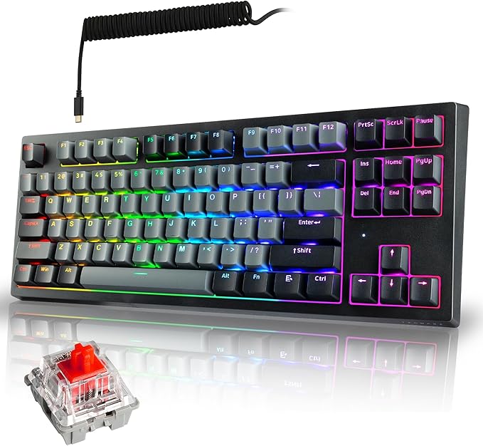 TECWARE Phantom+ Elite 87 Mechanical Gaming Keyboard | RGB LED Backlit | Hot Swappable Wraith Red Switches | 87 Key TKL Layout | Thocky Sound Profile | Tri-Mode Wireless Bluetooth/2.4GHz | Black
