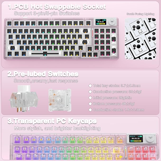AULA F98 Pro V3 Wireless Mechanical Keyboard with Transparent Keycaps,Hot-swappable,Pre-lubed Linear Switches,Gasket Structure,RGB Backlit,TFT Screen,BT5.0/2.4G/USB-C Wired Computer Keyboard
