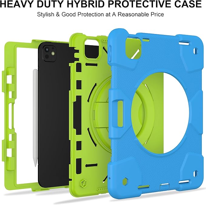 Andnary Case for iPad Pro 11 Inch M4 2024/M5 2025 Case, Heavy Duty Shockproof Cover with Screen Protector/360° Rotate Stand/Shoulder Strap/Pencil Holde (Blue+Green, iPad Pro M4/M5 11 inch)
