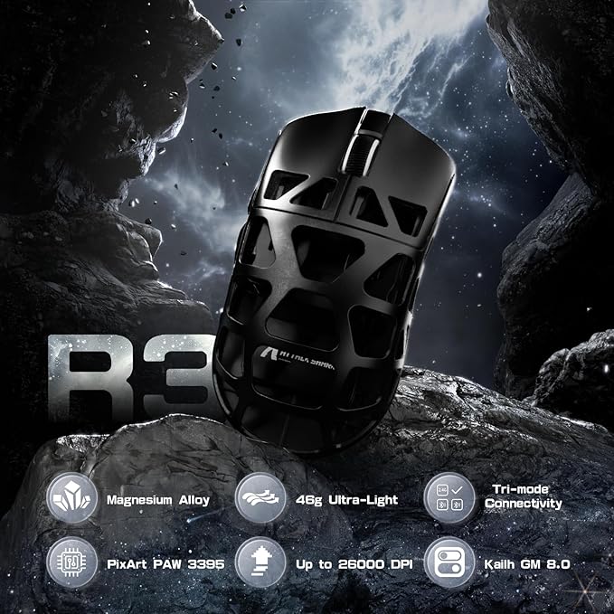 FELICON x Attack Shark R3 Magnesium Alloy Wireless Gaming Mouse, 46g Ultra-Lightweight Skeletal Shell, PAW3395 26K DPI, 8K Polling, Tri-Mode 2.4G/BT/Wired, for PC Mac Laptop - Black