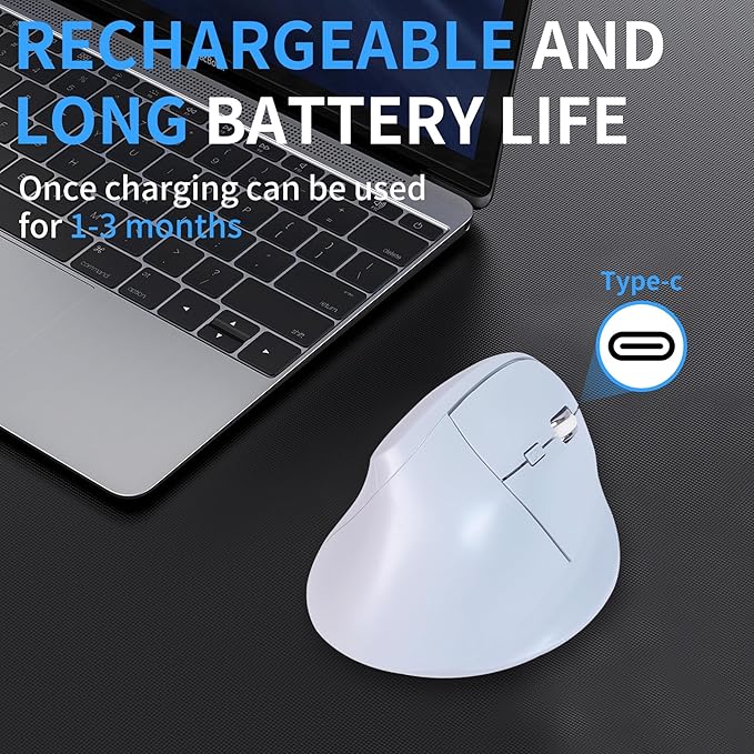 Bluetooth Mouse,Ergonomic Vertical Mouse Wireless Rechargeable Mice Dual Mode (Bluetooth & USB), Vertical Optical Mice with USB Receiver, 6 Buttons 1600 DPI for Laptop,Computer, Mac, Windows(blue)