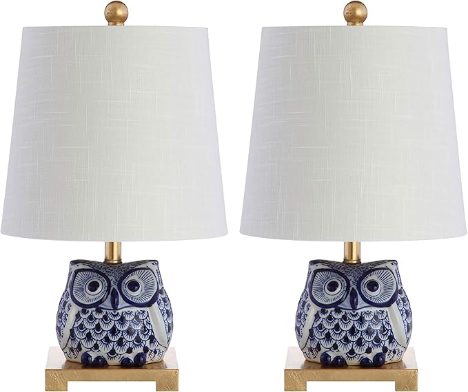 JONATHAN Y 16" Blue/White Ceramic Owl Mini Table Lamp for Bedroom or Office, Modern Farmhouse Nightstand Lamp with White Linen Shade, LED Bulb Included (JYL3014A-SET2)