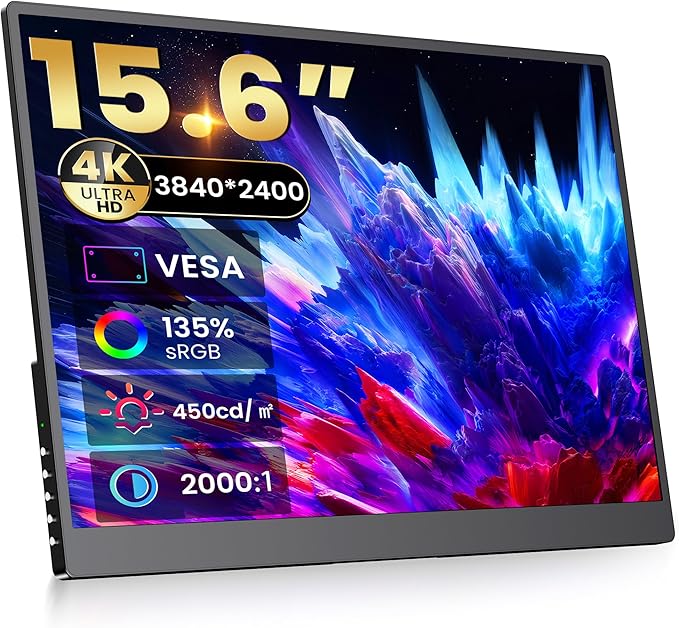 4K Portable Monitor - 15.6" UHD 3840 * 2400 16:10 450 Nits 135% sRGB IPS Screen with 2 USB-C & HDMI Ports for Laptop/Mac/PC/PS5/Xbox with Speakers Stand,VESA Compatible(Metallic Black)