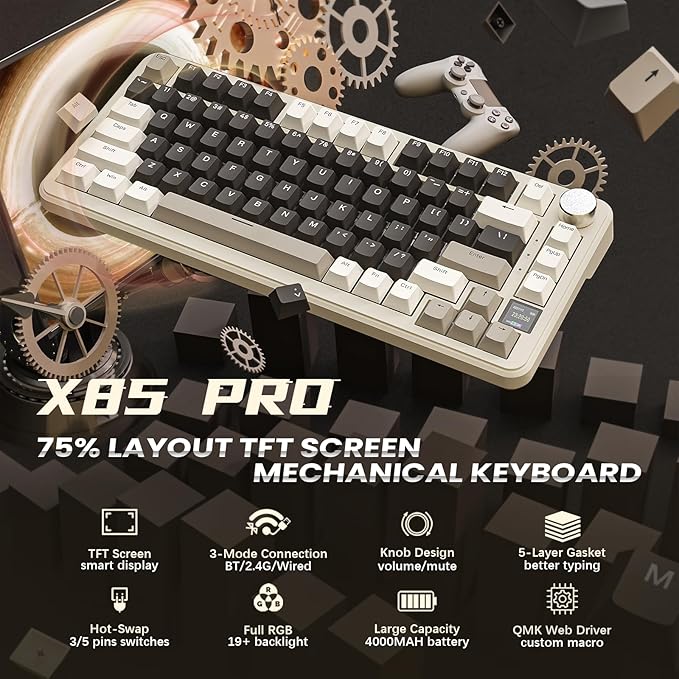 ATTACK SHARK X85Pro 75% Triple-Mode Mechanical Gaming Keyboard,Hot Swappable,2.4GHz Wireless/Bluetooth/USB-C,TFT Display & Knob,RGB,Gasket Mount,QMK Custom for PC/MAC-Cheese/Linear Blueberry Switch