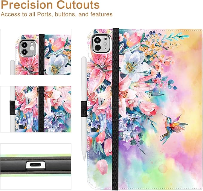 Vimorco for iPad Pro 13 Inch Case M5/M4 2025/2024, Flower for iPad 13 Pro Case M5/M4 for Girls Women, Pu Leather Protective Adjustable Stand, Hand Strap, Pocket, Pencil Holder, Hummingbirds & Flowers