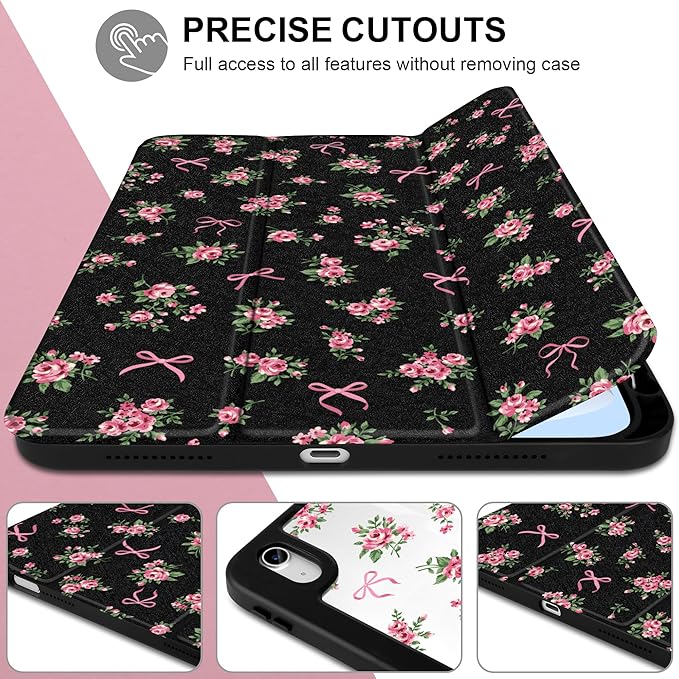 Case for iPad Air 11 inch M4 2026 M3 2025 M2 2024,iPad Air 5th (2022) / 4th (2020) 10.9 Inch Clear Back Shell Lightweight Shockproof TPU Edge Trifold Stand Auto Wake Sleep Cute Cover, Roses