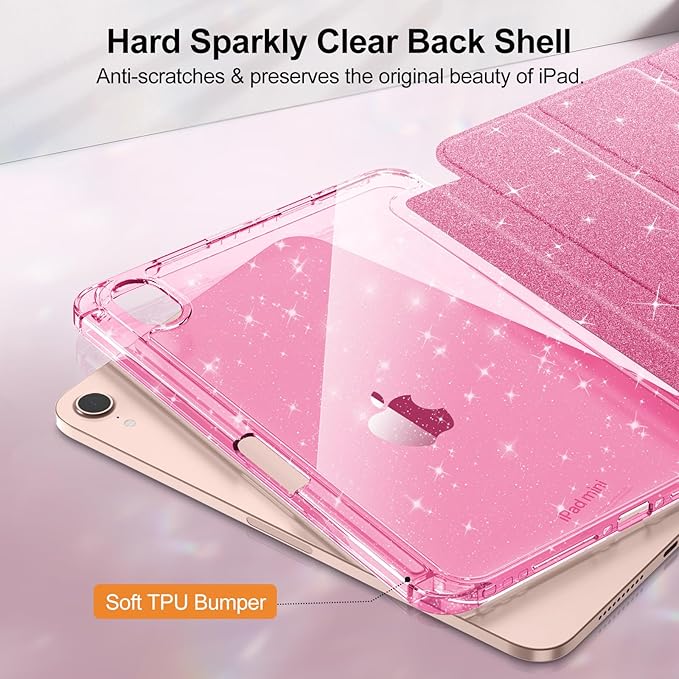 Fintie Slim Case for iPad Mini 7 (A17 Pro, 7th Generation) 2024 / iPad Mini 6 (6th Gen) 8.3 Inch - [Built-in Pencil Holder] Glittering Sparkly Shockproof Cover w/Shiny Clear Back Shell, Pink