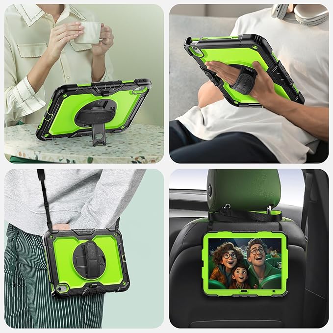 SEYMAC Case for iPad (A16) 11th/10th Generation 2025/2022 (11″/10.9″), Sturdy Heavy Duty Full-Body Shockproof Protective Case with Screen Protector, Rotating Stand, Hand/Shoulder Strap, Black/Green