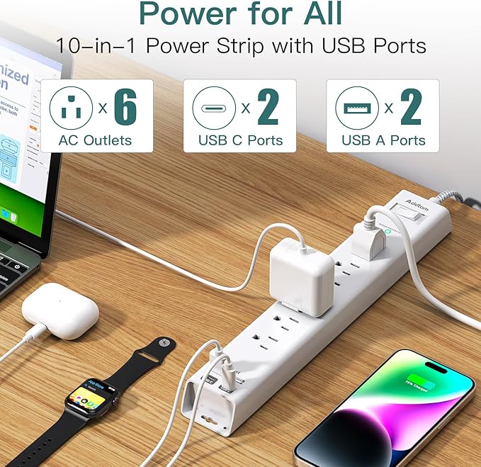 Addtam 20ft Extra Long Power Strip Surge Protector, 6 Outlets and 4 USB Ports (2 USB C), Ultra Flat Plug Wall Mount, Multi Plug Outlet Extender Desktop Charging Station for Home, Office, Garage