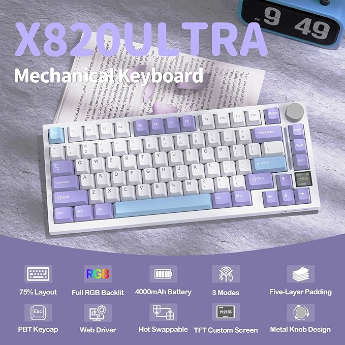 ATTACK SHARK X820 Ultra 75% Wireless Gaming Mechanical Keyboard Hot-Swappable Gasket Mount RGB Backlit BT/2.4G/Wired Custom Keyboard with Smart TFT Display&Knob QMK Driver-Starlight White&Shark Switch