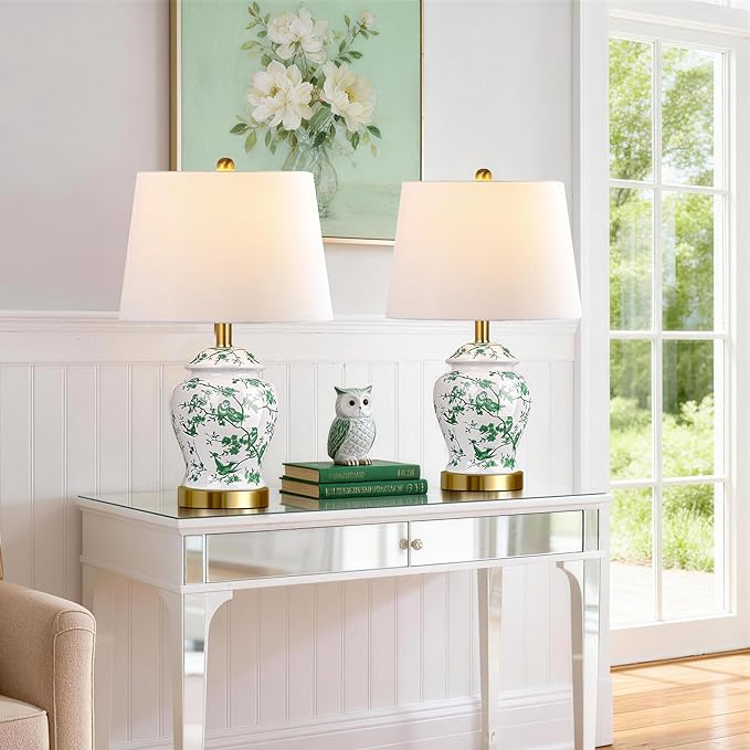 QiMH Chinoiserie Ceramic Table Lamps Set of 2 for Living Room, Vintage Traditional Bedside Lamps for Nightstands, 22" Large Green and White Table Lamp for Bedroom Cottage, Gold(LED Bulbs Included)