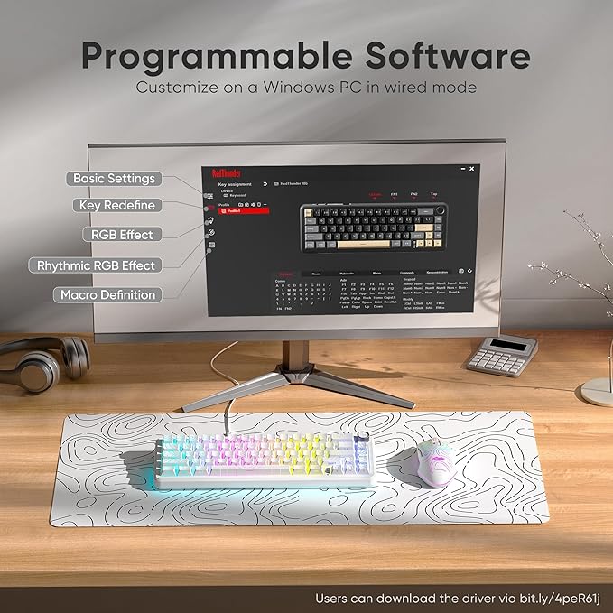 RedThunder K65 Wireless Mechanical Keyboard, CNC Knob, Tri-Mode BT5.0/2.4GHz/USB-C Hot Swappable Custom, Pre-lubed Linear Coconut Switches, Gasket Structure, RGB Gaming Keyboard, White Contour Lines