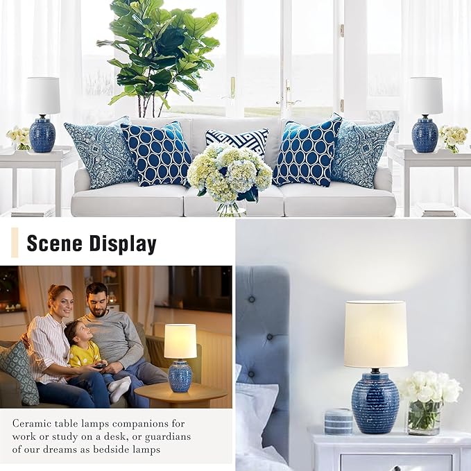 EJIAXIN Table Lamps Set of 2-13.75" Small Bedside Lamps - Classic Farmhouse Ceramic Table Lamp for Bedroom, Living Room, Nightstand, Office, Side Desk Lamp, End Table