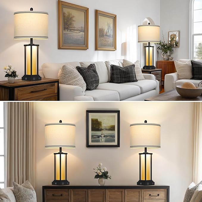 27in Tall Farmhouse Table Lamp Set of 2 with USB C+A & Outlet,Orange Industrial End Table Lamp for Living Room,Vintage Rustic Bedside Lamps with Night Light for Bedroom Nightstand