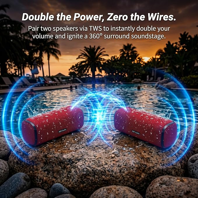 40W Bluetooth Shower Speaker, IPX7 Waterproof Floating Pool Speaker with Interactive Tap-to-Play Drum Beats, RGB Sync Lights, Built-in Mic for Hands-Free Calls, Red