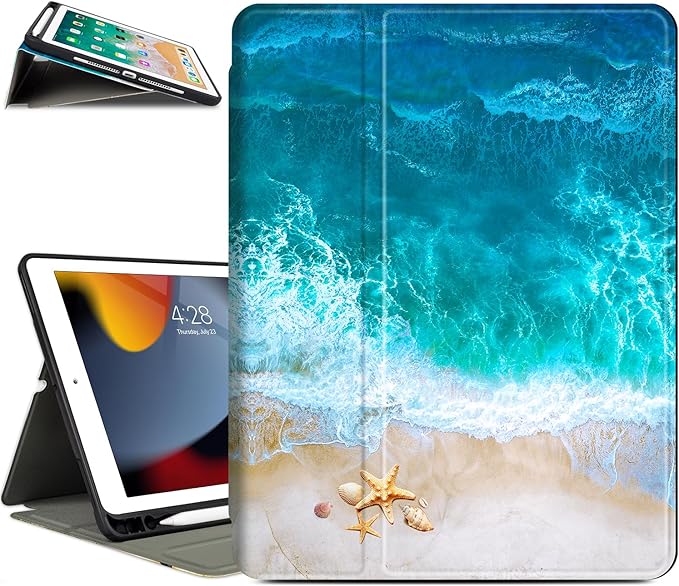 Vimorco for iPad 9th/8th/7th Generation Case 10.2 Inch, for iPad Air 3rd Generation Case 10.5-inch, for iPad Pro 10.5 Inch Cases Pencil Holder/4 Viewing Stands/Typing Stand/Slim, Ocean Beach