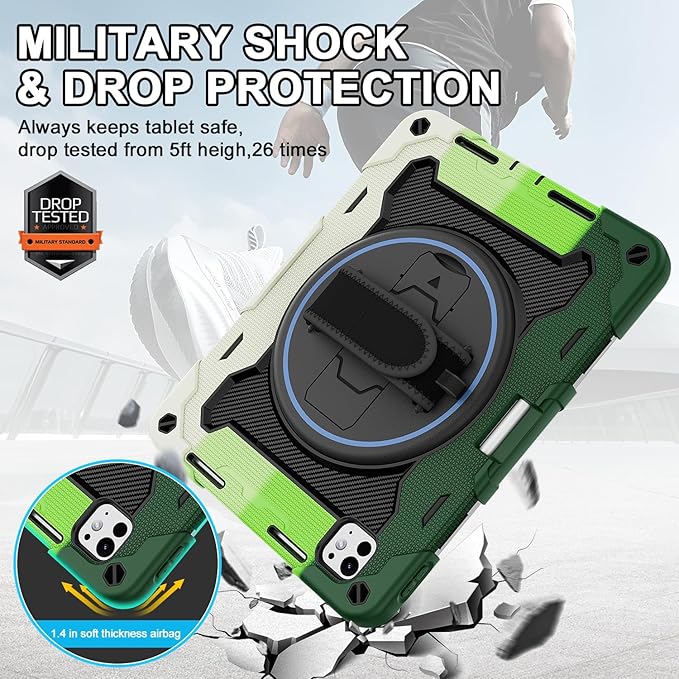 iPad Pro 11 Inch Case M5 2025/M4 2024, Heavy Duty Shockproof Protective Case with Screen Protector, 360° Rotating Stand Hand Strap Shoulder Strap Kids Cover Apple Pencil Holder