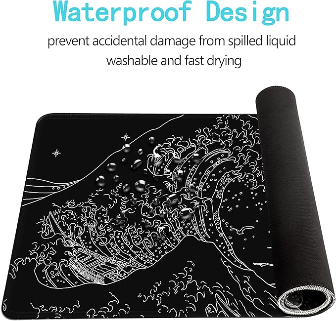 MEWOOCUE® Large Gaming Mouse Pad for Computer,Black Japanese Sea Wave Anime Mouse Mat,Long XXL Waterproof Keyboard Pads,Big Non-Slip Mouse Pads for Game Office Home（31.5 x 11.9 in）